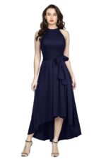 Deltin S-26 Women’s Solid Navy Blue High-Low Sleeveless Dress