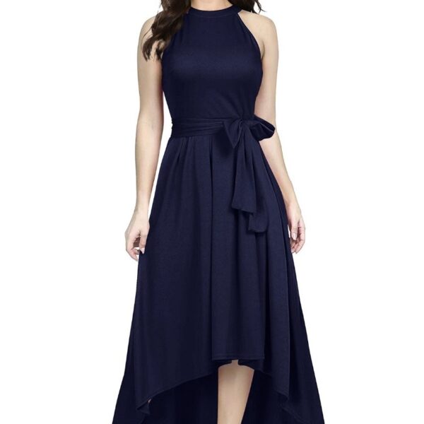 Deltin S-26 Women’s Solid Navy Blue High-Low Sleeveless Dress
