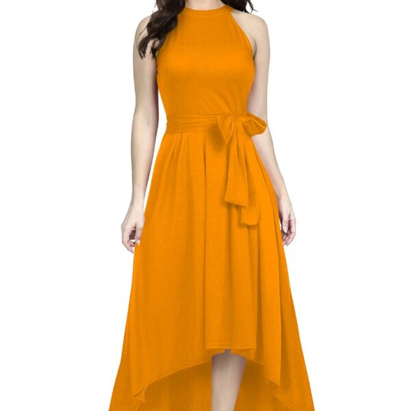 Deltin S-28 Women’s Solid Yellow High-Low Sleeveless Dress