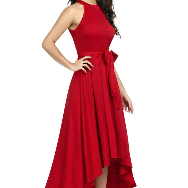 Deltin S-24 Women’s Solid Red High-Low Sleeveless Dress