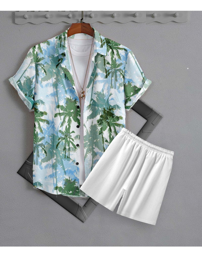 Azyroo Men’s Green Palm Print Co-ord Set – Tropical Summer Outfit