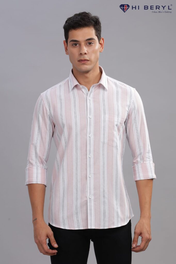Azyroo Men’s Striped Cotton Shirts Combo – Grey and Pink Regular Fit Casual, Formal & Party Wear